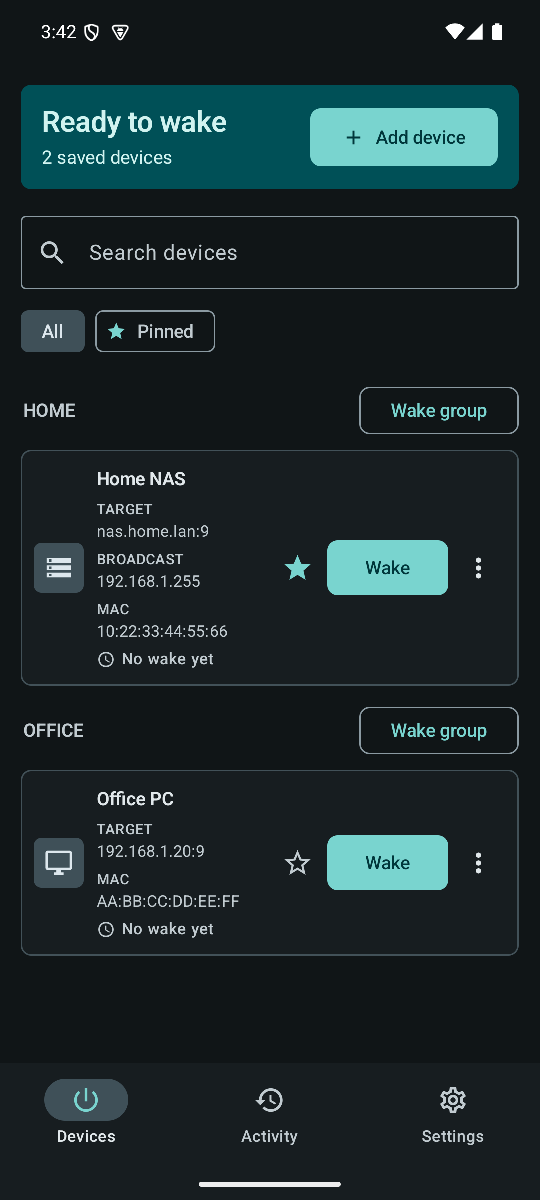 PacketWake dark mode Devices screen showing grouped devices, pinned filter, and Settings tab