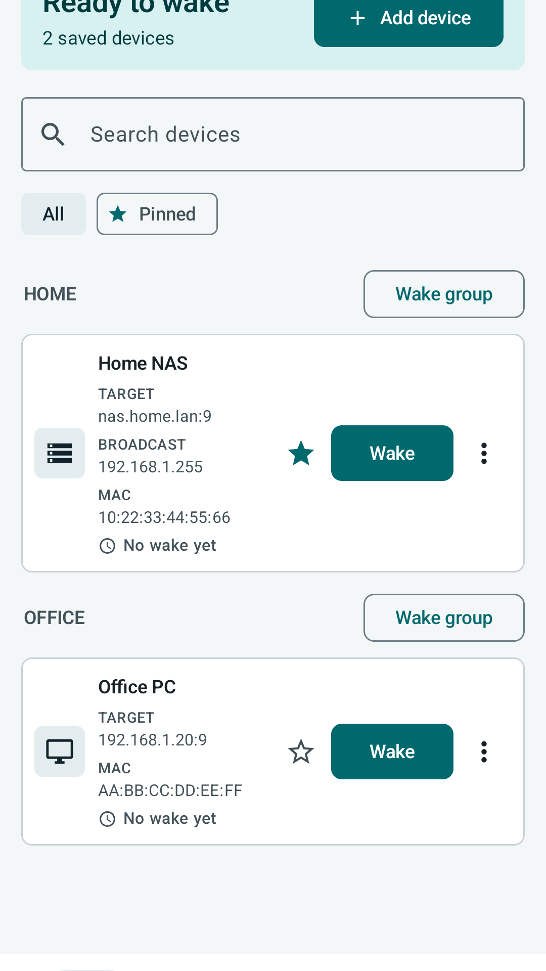 PacketWake Devices screen showing pinned filter, grouped devices, and Wake buttons