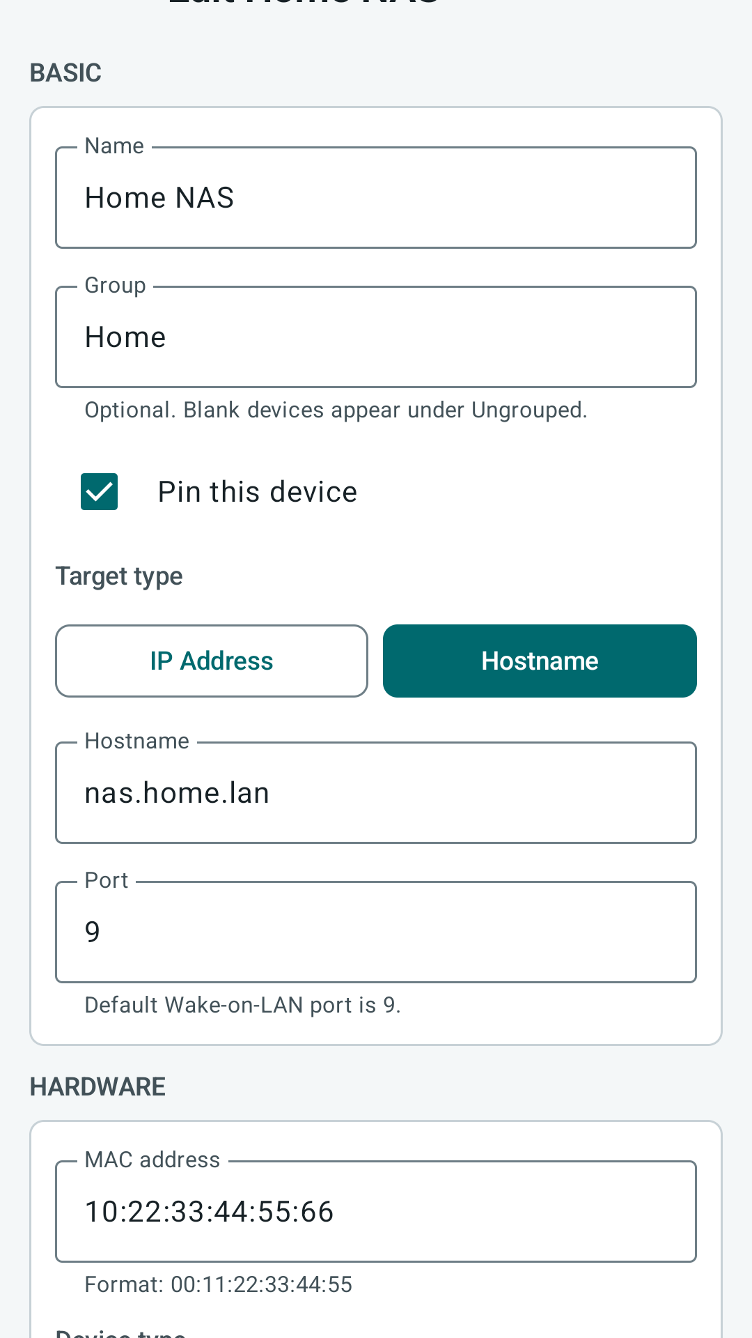 PacketWake profile editor with network fields for target, port, MAC address, broadcast override, SecureOn, and retries