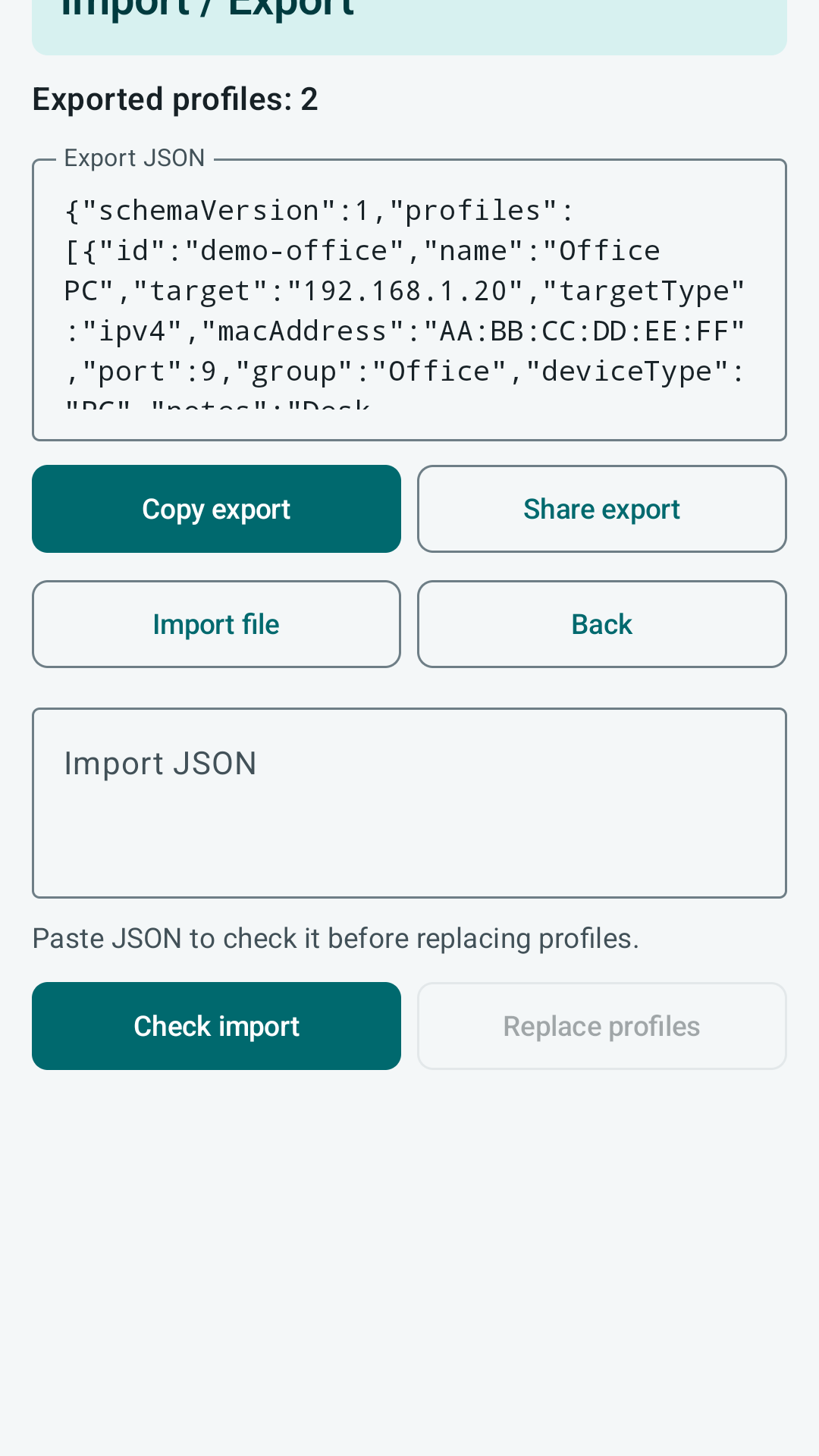 PacketWake Import and Export screen showing profile JSON and import controls